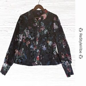 MARCHESA NOTTE Women’s Size 6 Top Shirt Blouse Button Front Lace Floral Lined